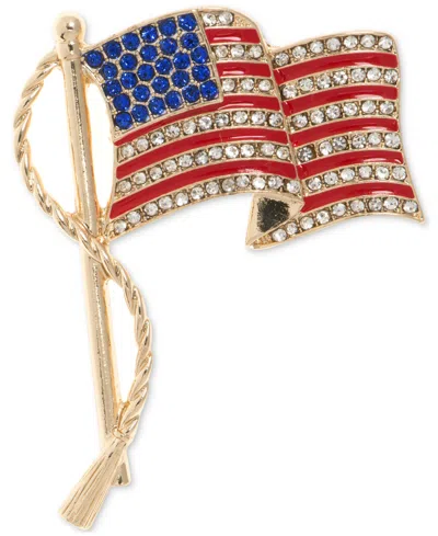Anne Klein Gold-tone Pave Waving American Flag Pin In Multi