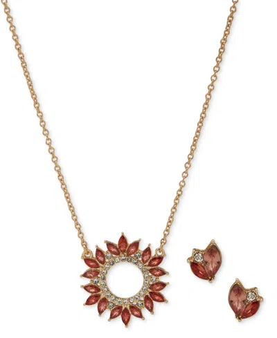 Anne Klein Gold-tone Red Crystal Cluster Stud Earrings & Circle Pendant Necklace Set, 16" + 3" Extender