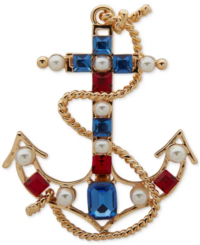 Anne Klein Gold-tone Red White Blue Imitation Pearl Anchor Pin In Multi