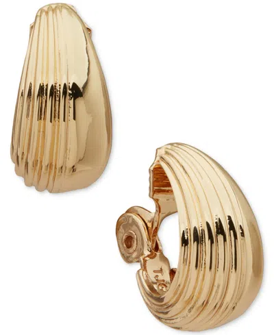 Anne Klein Gold-tone Ribbed Hoop Comfort Clip On Earrings