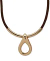 Anne Klein Gold-tone Rounded Teardrop Leather Pendant Necklace, 16" + 3" Extender In Brown