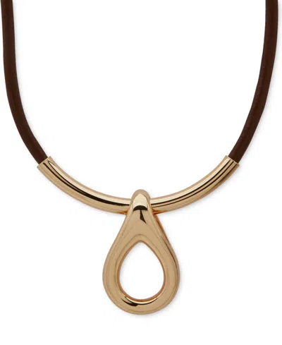Anne Klein Gold-tone Rounded Teardrop Leather Pendant Necklace, 16" + 3" Extender In Brown