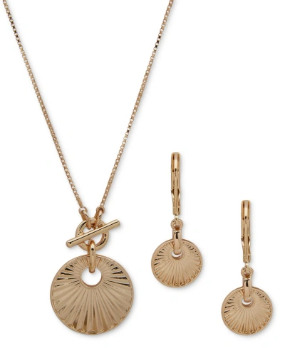 Anne Klein Gold-tone Scalloped Pendant Necklace & Drop Earrings Set