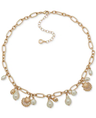 Anne Klein Gold-tone Shaky Shell & Imitation Pearl Statement Necklace, 16" + 3" Extender In White