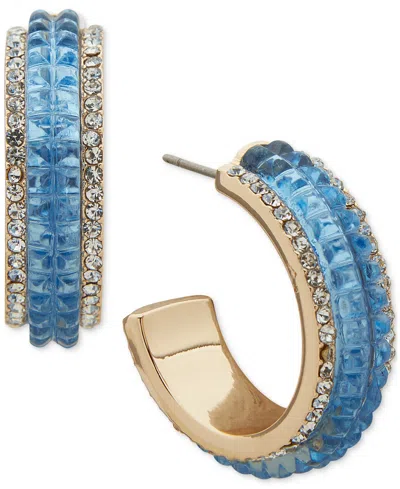 Anne Klein Gold-tone Small Pave & Color Stone C-hoop Earrings, 1" In Blue