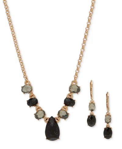Anne Klein Gold-tone Stone Drop Earrings & Frontal Necklace, 16" + 3" Extender In Black