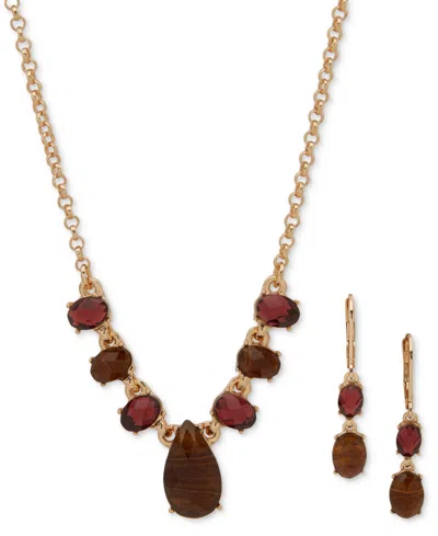 Anne Klein Gold-tone Stone Drop Earrings & Frontal Necklace, 16" + 3" Extender In Burgundy