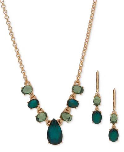 Anne Klein Gold-tone Stone Drop Earrings & Frontal Necklace, 16" + 3" Extender In Green