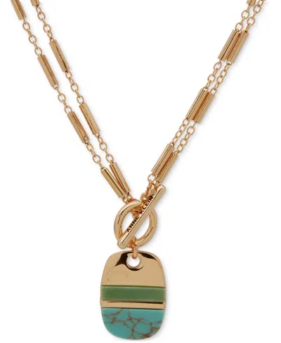 Anne Klein Gold-tone Stone Inlay Dog Tag 36" Pendant Necklace In Multi