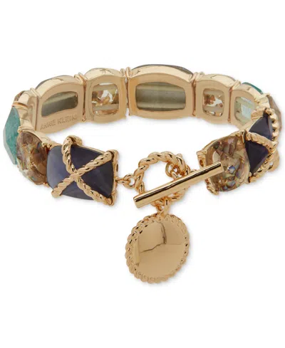 Anne Klein Gold-tone Stone Roped Stretch Toggle Disc Bracelet In Multi