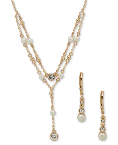 Anne Klein Gold-tone Stone Statement Necklace & Drop Earrings Set In Pearl