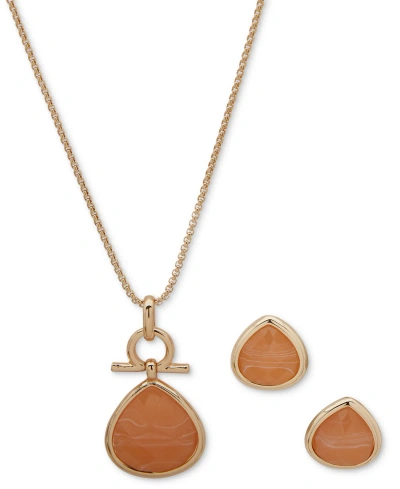 Anne Klein Gold-tone Stone Teardrop Pendant Necklace & Earrings Set