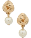 ANNE KLEIN GOLD-TONE TEXTURED KNOT & IMITATION PEARL CLIP-ON DROP EARRINGS