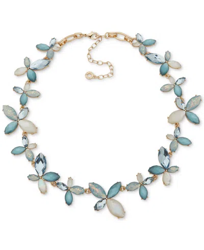 Anne Klein Gold-tone Tonal Stone & Mother-of-pearl Flower All-around Collar Necklace, 16" + 3" Extender In Blue