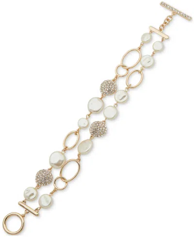 Anne Klein Gold-tone White Imitation Pearl & Crystal Two-row Toggle Flex Bracelet