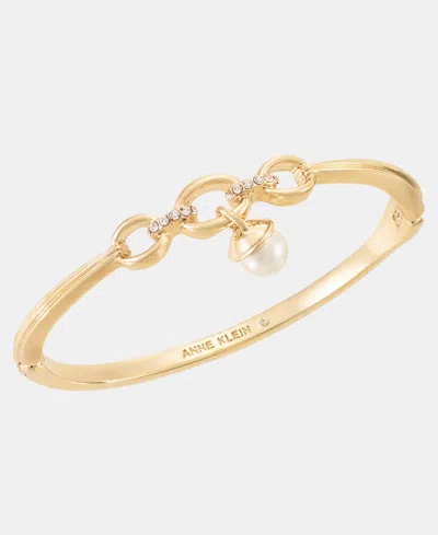 Anne Klein Gold-tone Boxed Link Imitation Pearl Charm Hinge Bracelet In Pattern