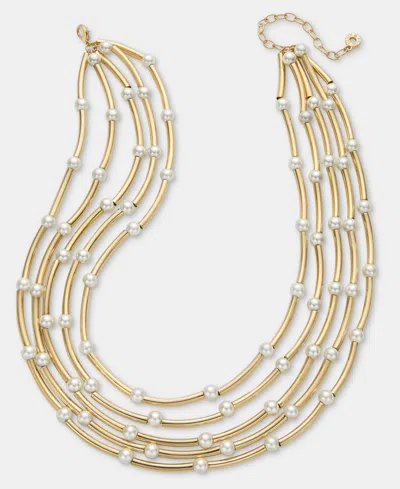 Anne Klein Gold-tone Curbed Tube Faux Imitation Pearl Stationed Multi-row Necklace