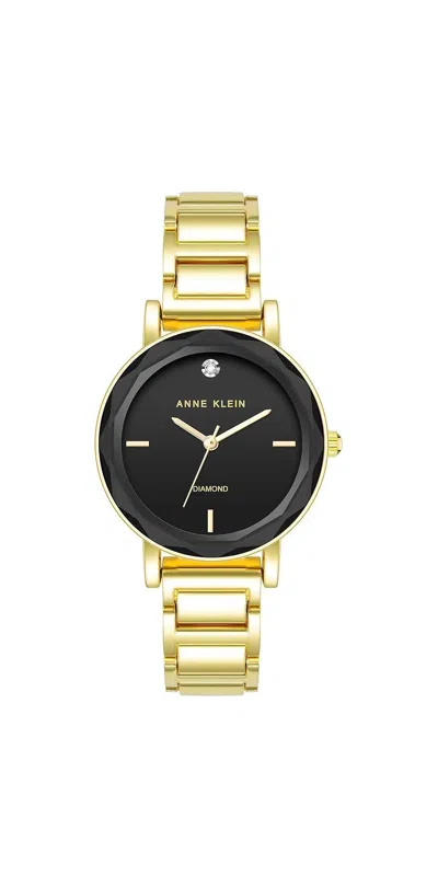 Anne Klein Gold-tone Faceted Crystal Black Diamond Dial Ladies Watch Ak-3966bkgb