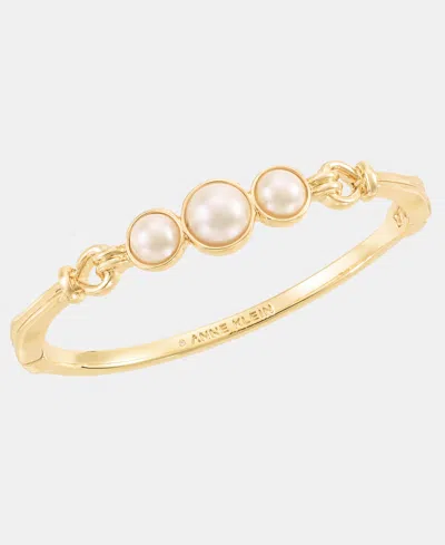Anne Klein Gold-tone Link Imitation Pearl Open Hinge Bracelet