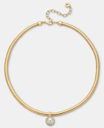 Anne Klein Gold-tone Omega Chain Faux Imitation Pearl Pendant Necklace