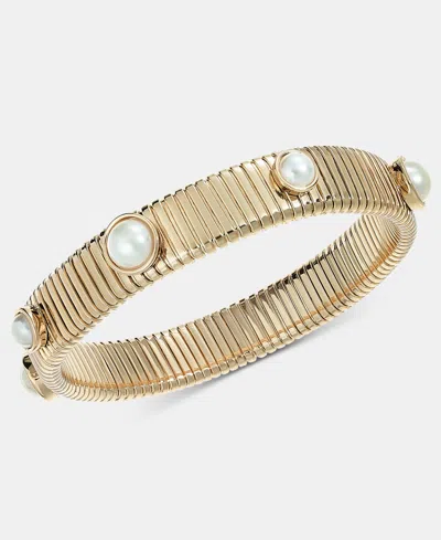 Anne Klein Gold-tone Omega Chain Imitation Pearl Stretch Bracelet In Pink