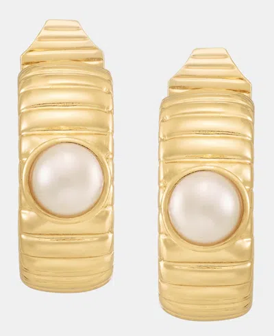 Anne Klein Gold-tone Omega Imitation Pearl Hoop Ez Comfort Clip Earrings