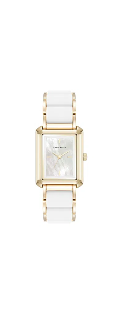Anne Klein Gold-tone Rectangular White Mother-of-pearl Silicone Ladies Watch