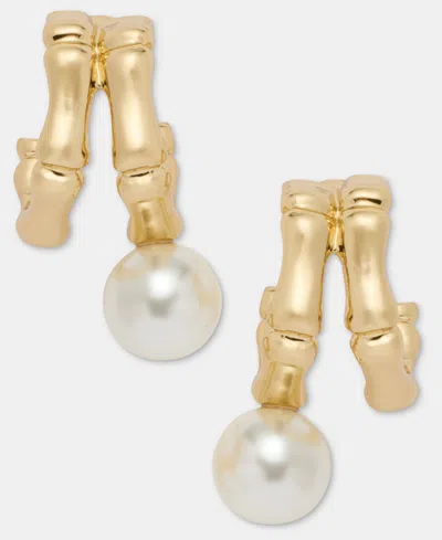 Anne Klein Gold-tone Two-row Bamboo Imitation Pearl Drop Huggie Earrings