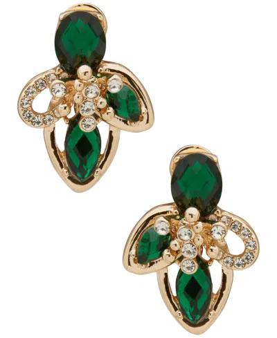 Anne Klein Green Petal Stone Cluster Ez Comfort Clip Earrings In Gold