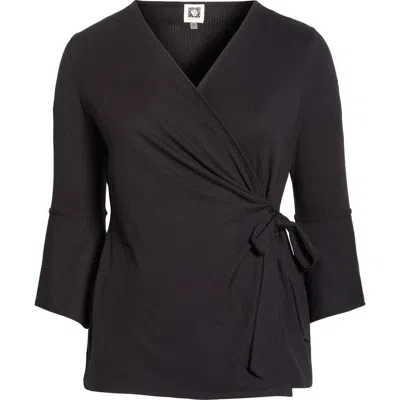 Anne Klein Handkerchief Ruffle Sleeve Wrap Top In Blue