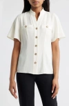 Anne Klein High Neck Short Sleeve Button-up Shirt