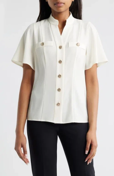 Anne Klein High Neck Short Sleeve Button-up Shirt In White