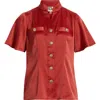 Anne Klein High Neck Short Sleeve Button-up Shirt In Red