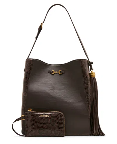 Anne Klein Horsebit Tassel Small Hobo Handbag In Brown