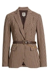Anne Klein Houndstooth Belted Blazer In Brown