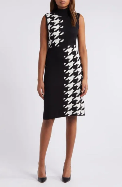 Anne Klein Houndstooth Mock Neck Cotton Blend Sweater Dress In White