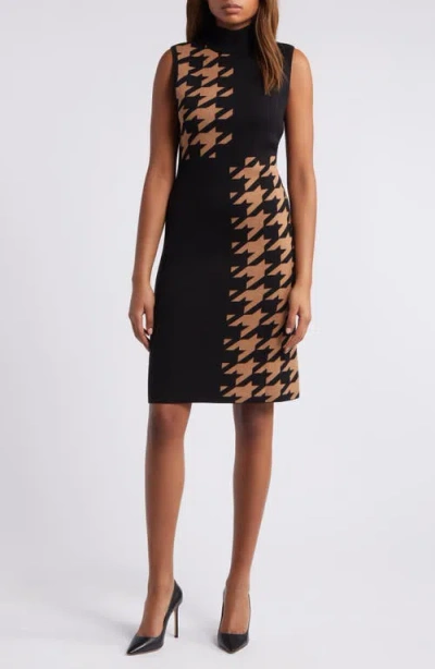 Anne Klein Houndstooth Mock Neck Cotton Blend Sweater Dress In Black