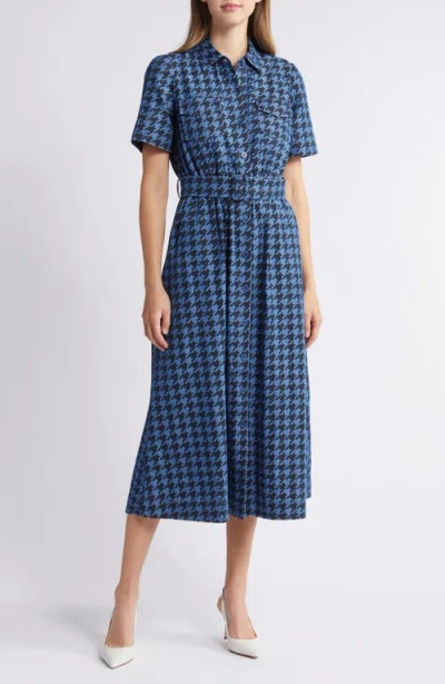 Anne Klein Houndstooth Print Denim Shirtdress In Blue