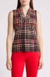Anne Klein Houndstooth Print Triple Pleat V-neck Top In Anne Black Multi