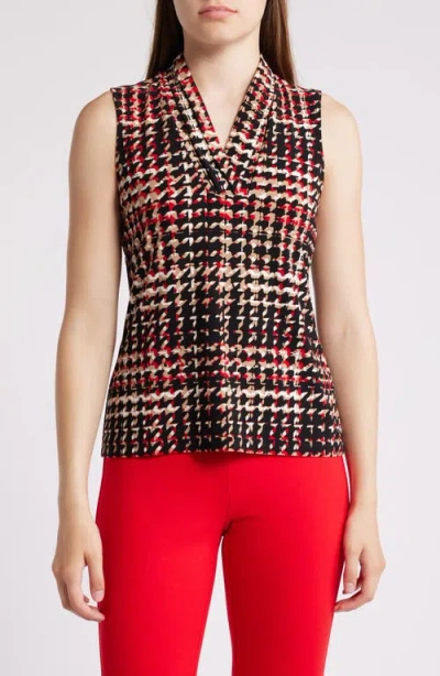 Anne Klein Houndstooth Print Triple Pleat V-neck Top In Anne Black