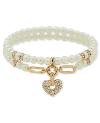 Anne Klein Imitation Pearl 2-row Heart Stretch Bracelet In Gold
