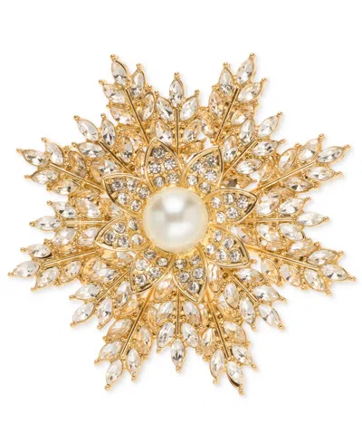 Anne Klein Imitation Pearl And Crystal Gold-tone Snowflake Pin