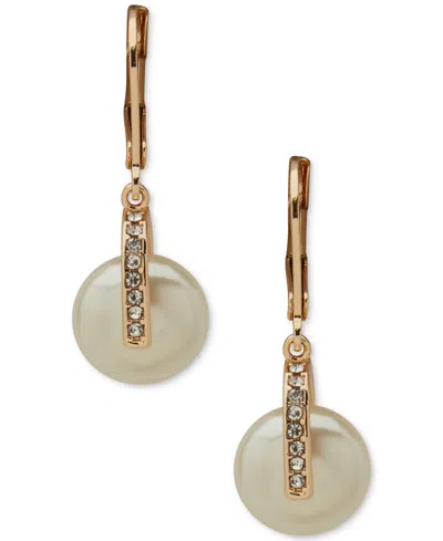 Anne Klein Imitation Pearl And Crystal Stone Gold-tone Lentil Drop Earrings In White