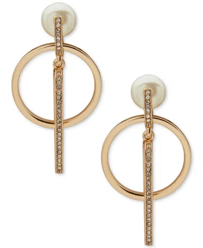 Anne Klein Imitation Pearl And Crystal Stone Gold-tone Orbital Earrings In Multi