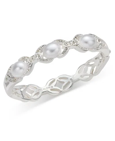 Anne Klein Imitation Pearl & Glass Crystal Silver-tone Open Hinge Bracelet