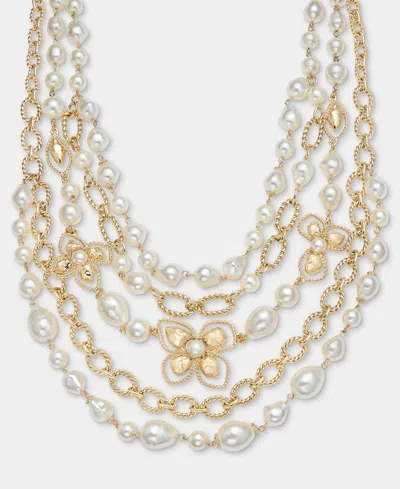 Anne Klein Imitation Pearl Flower Layered Statement Necklace, 16" + 3" Extender In Metallic
