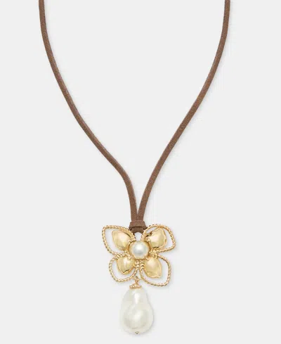 Anne Klein Imitation Pearl Flower Suede Cord Pendant Necklace, 16" + 3" Extender In Purple