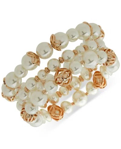Anne Klein Imitation Pearl Gold-tone Caged 3 Row Stretch Bracelet In White