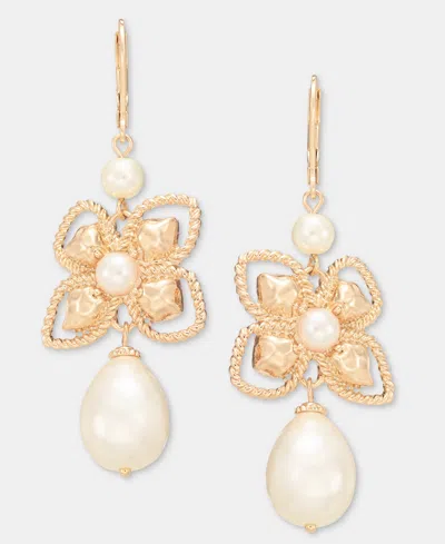 Anne Klein Imitation Pearl Hammered Flower Drop Earrings In Gold