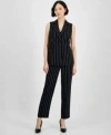 Anne Klein Klein Womens Pinstripe Sleeveless Single Button Blazer Mid Rise Pull On Pants In Anne Black,anne White